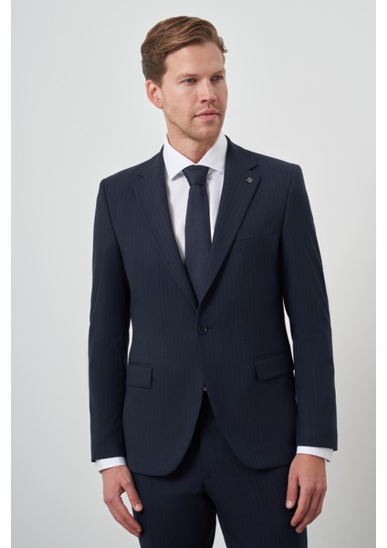 Erkek Lacivert Poliviskon Çizgili Slim Fit Mono Yaka Takım Elbise