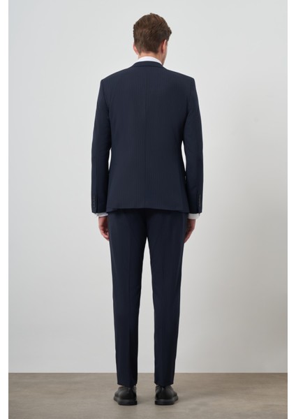 Erkek Lacivert Poliviskon Çizgili Slim Fit Mono Yaka Takım Elbise