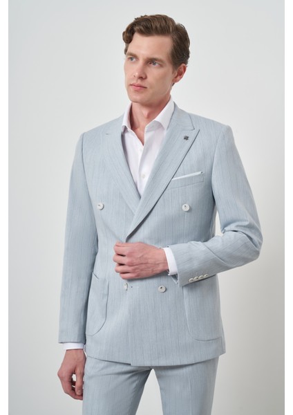 Erkek A. Mavi Çizgili Desen Kruvaze Slim Fit Sivri Yaka Takım Elbise