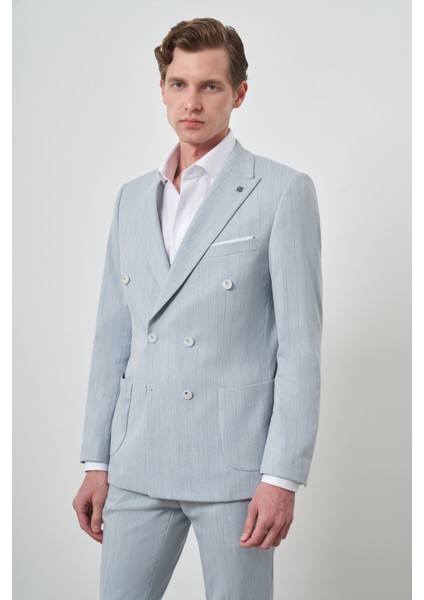 Erkek A. Mavi Çizgili Desen Kruvaze Slim Fit Sivri Yaka Takım Elbise