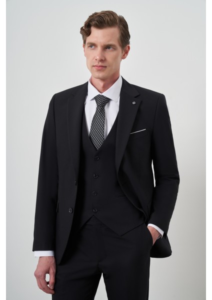 Erkek Siyah Poliviskon Basic Yelekli Slim Fit Mono Yaka Takım Elbise
