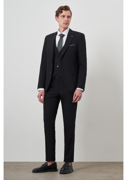 Erkek Siyah Poliviskon Basic Yelekli Slim Fit Mono Yaka Takım Elbise