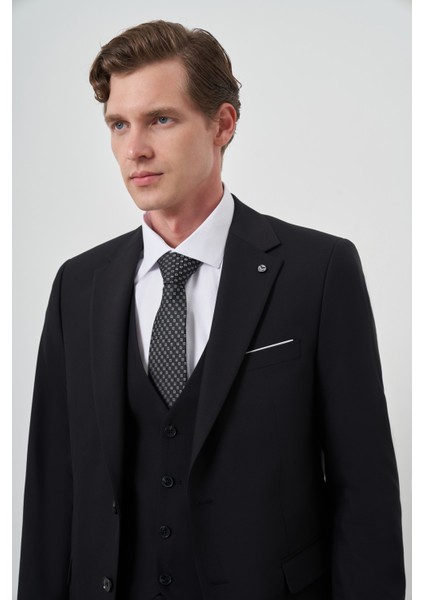 Erkek Siyah Poliviskon Basic Yelekli Slim Fit Mono Yaka Takım Elbise