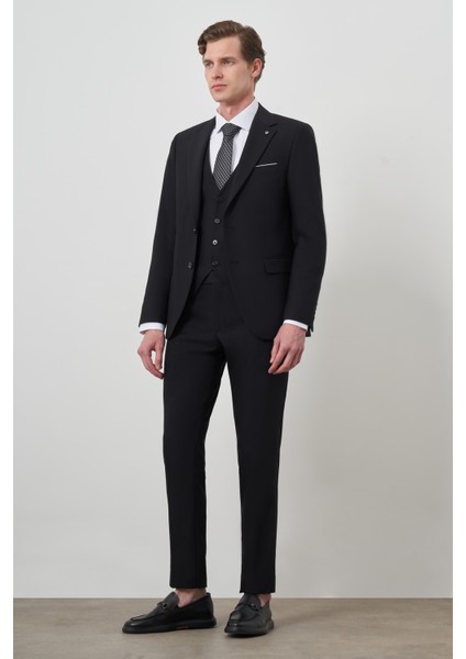 Erkek Siyah Poliviskon Basic Yelekli Slim Fit Mono Yaka Takım Elbise