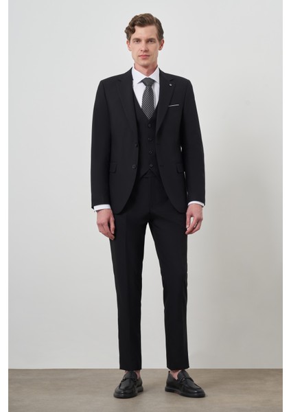 Erkek Siyah Poliviskon Basic Yelekli Slim Fit Mono Yaka Takım Elbise