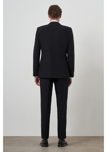 Erkek Siyah Poliviskon Basic Yelekli Slim Fit Mono Yaka Takım Elbise