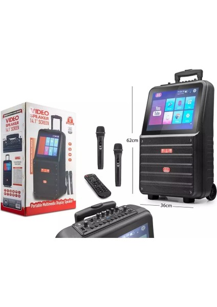 WR194 14.1" Multimedia Dokunmatik Ekran 2 Kablosuz Mikrofonlu Kumandalı Rgb Bluetooth/usb/sd Müzik Kutusu