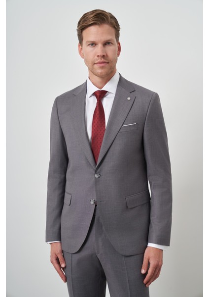 Erkek Gri Poliviskon Slim Fit Mono Yaka Takım Elbise