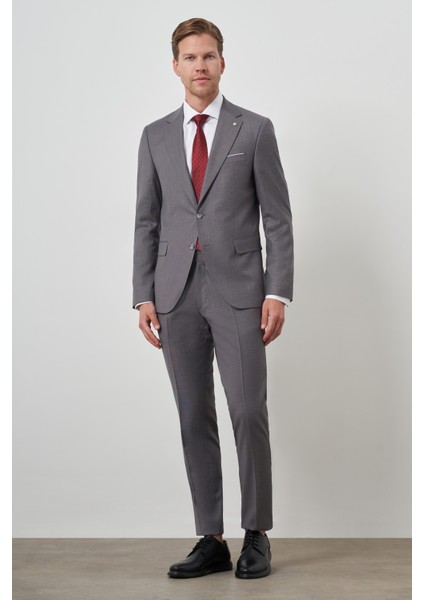 Erkek Gri Poliviskon Slim Fit Mono Yaka Takım Elbise