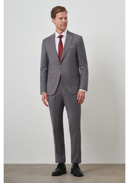 Erkek Gri Poliviskon Slim Fit Mono Yaka Takım Elbise