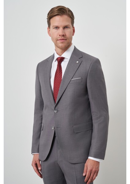 Erkek Gri Poliviskon Slim Fit Mono Yaka Takım Elbise