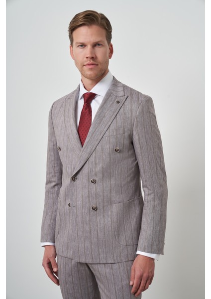 Erkek Vizon Tend Keten Kruvaze Slim Fit Sivri Yaka Takım Elbise