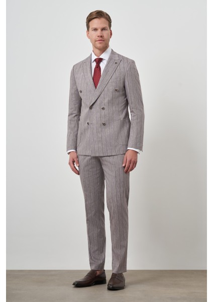 Erkek Vizon Tend Keten Kruvaze Slim Fit Sivri Yaka Takım Elbise