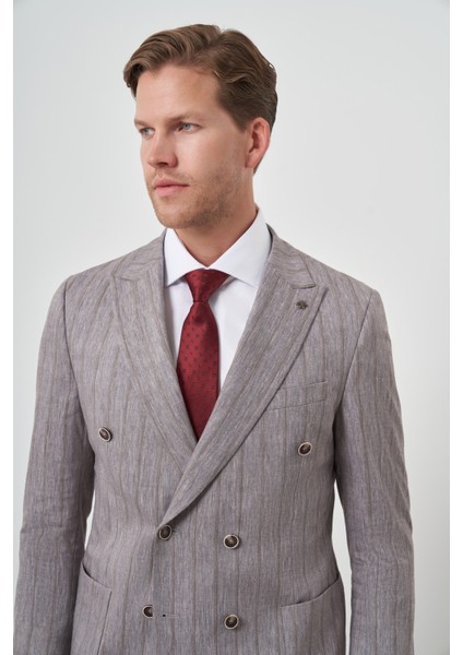 Erkek Vizon Tend Keten Kruvaze Slim Fit Sivri Yaka Takım Elbise