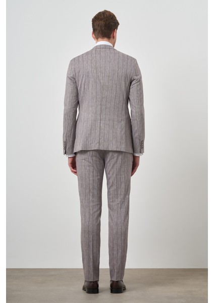 Erkek Vizon Tend Keten Kruvaze Slim Fit Sivri Yaka Takım Elbise