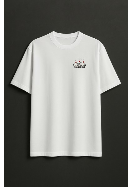 Sevimli Üçlü Tavuk Baskılı Unisex %100 Pamuk Oversize Bisiklet Yaka Beyaz T-Shirt