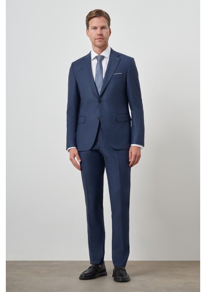 Erkek Lacivert Poliviskon Slim Fit Mono Yaka Takım Elbise