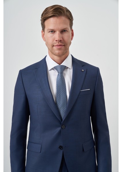 Erkek Lacivert Poliviskon Slim Fit Mono Yaka Takım Elbise
