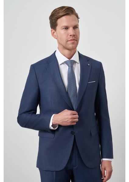 Erkek Lacivert Poliviskon Slim Fit Mono Yaka Takım Elbise