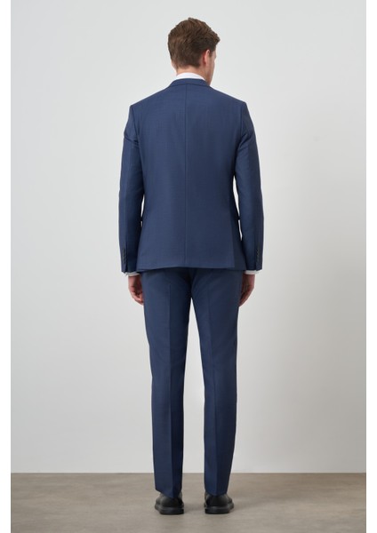 Erkek Lacivert Poliviskon Slim Fit Mono Yaka Takım Elbise