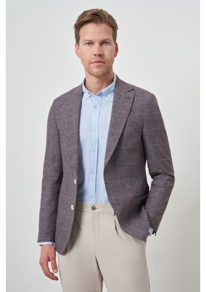 Erkek Kahve Keten Ekoseli Slim Fit Mono Yaka Ceket