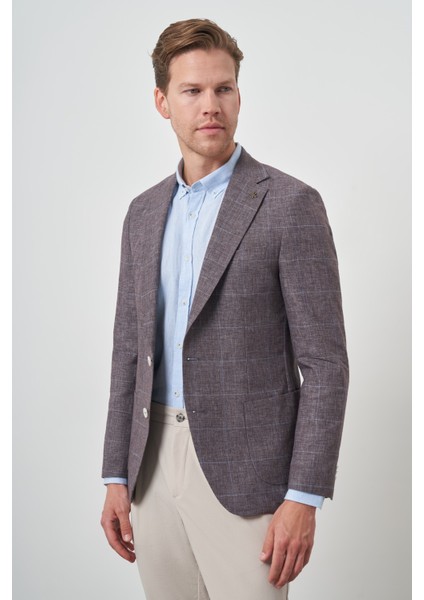 Erkek Kahve Keten Ekoseli Slim Fit Mono Yaka Ceket