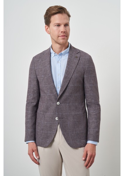 Erkek Kahve Keten Ekoseli Slim Fit Mono Yaka Ceket