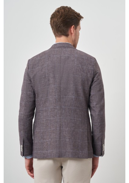 Erkek Kahve Keten Ekoseli Slim Fit Mono Yaka Ceket