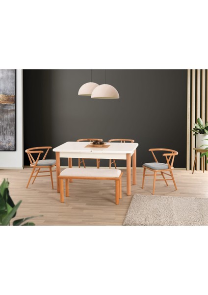 Beyaz Highgloss Bohem Bench Ahşap Ayaklı Londra Sandalye Soft-02 90*160+30 Pars Açılabilir Masa Takımı