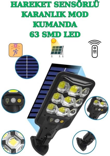 63 Smd Ledli Güneş Enerjili Cob Ledli Hareket Sensörlü Sokak Lambası LED Bahçe Aydınlatması