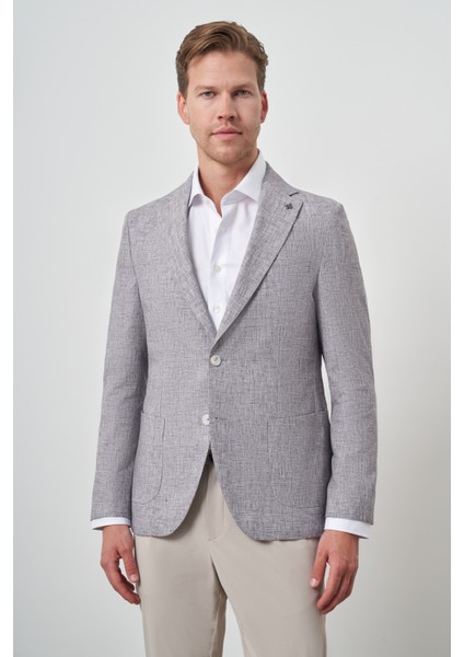 Erkek Vişne Keten Dokuma Slim Fit Mono Yaka Ceket