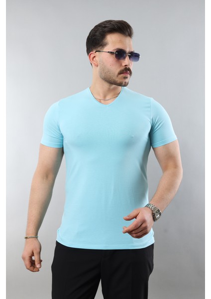 Erkek %100 Pamuk Slim Fit Dar Kesim V Yaka Basic Tişört