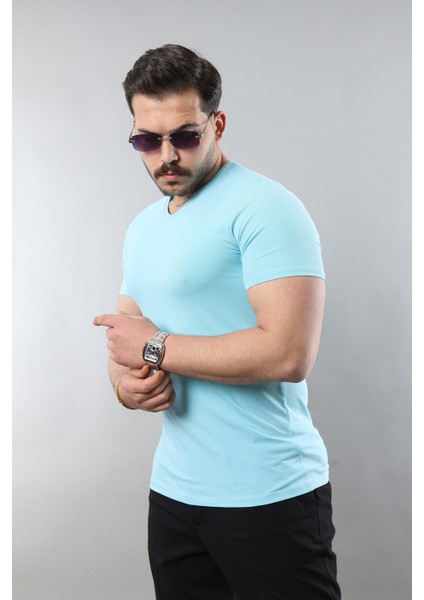 Erkek %100 Pamuk Slim Fit Dar Kesim V Yaka Basic Tişört modelleri