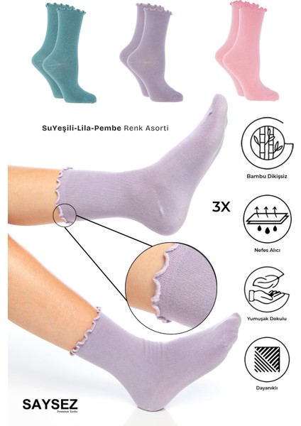 Bambu Kadın Lastiksiz Pembe-Lila-Yeşil Fırfırlı Soket Dikişsiz Çorap 3'lü Paket / Iz Bırakmaz