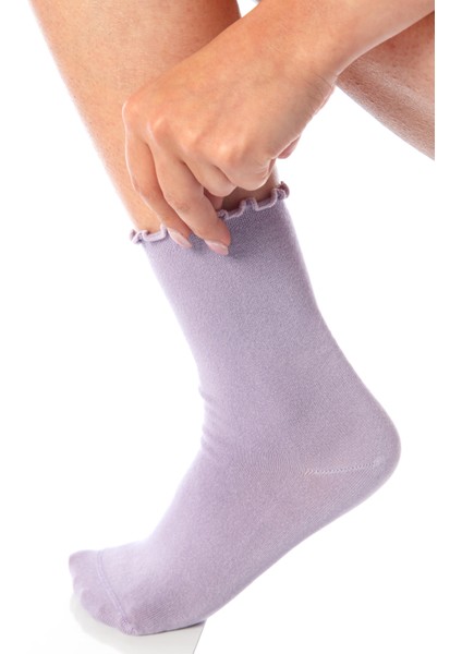 Bambu Kadın Lastiksiz Pembe-Lila-Yeşil Fırfırlı Soket Dikişsiz Çorap 3'lü Paket / Iz Bırakmaz
