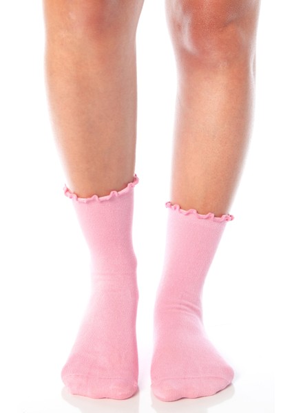 Bambu Kadın Lastiksiz Pembe-Lila-Yeşil Fırfırlı Soket Dikişsiz Çorap 3'lü Paket / Iz Bırakmaz