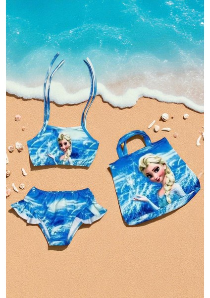 Kız Çocuk Karakter Baskılı Eteği Fırfırlı- Ip Bağlamalı Çanta Mayo Bikini 3 Lü Takım