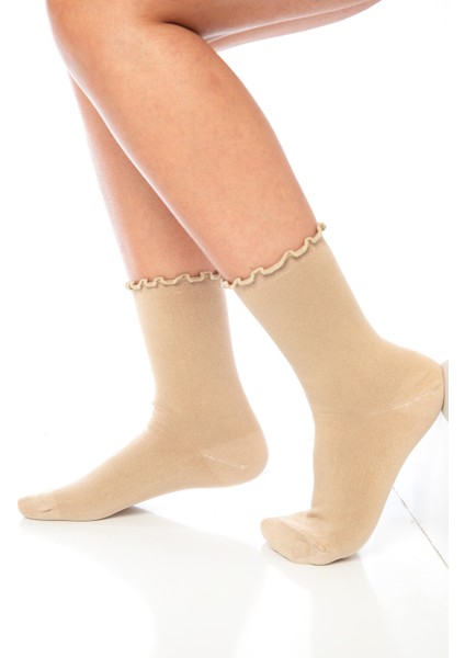 Bambu Kadın Lastiksiz Bej Fırfırlı Soket Dikişsiz Çorap 3'lü Paket / Iz Bırakmaz / Sıkmayan Çorap modelleri