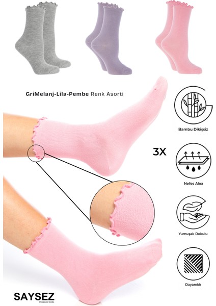 Bambu Kadın Lastiksiz Pembe-Lila-Gri Fırfırlı Soket Dikişsiz Çorap 3'lü Paket / Iz Bırakmaz Sıkmaz