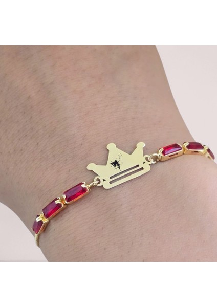 Melek Temalı 14 Ayar Altın Plakalı Kırmızı Taş Desenli Taç Motifli Hediye Bileklik-496 Sembol indirimleri