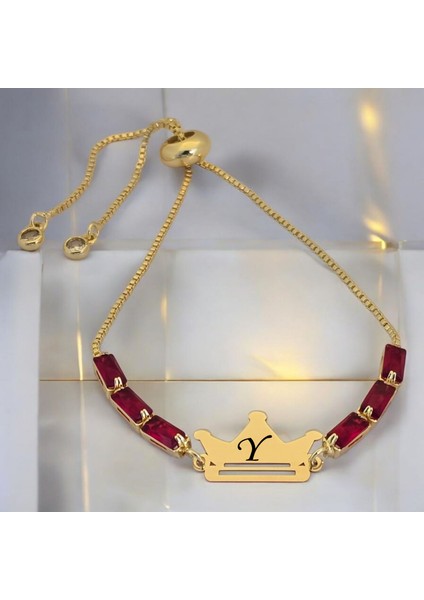 Y Harfine Özel Taç Motifli 14 Ayar Altın Plakalı Kırmızı Taş Desenli Hediye Bileklik-496 Harf fiyatları
