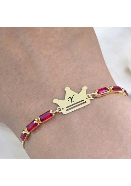 Y Harfine Özel Taç Motifli 14 Ayar Altın Plakalı Kırmızı Taş Desenli Hediye Bileklik-496 Harf indirimleri