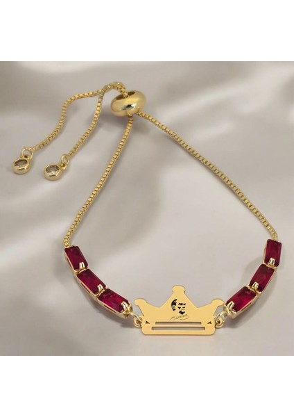 Atatürk Temalı Kırmızı Taş Desenli Taç Motifli 14 Ayar Altın Plakalı Hediye Bileklik-496 Sembol fiyatları