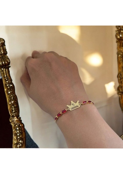 Atatürk Temalı Kırmızı Taş Desenli Taç Motifli 14 Ayar Altın Plakalı Hediye Bileklik-496 Sembol fırsatları