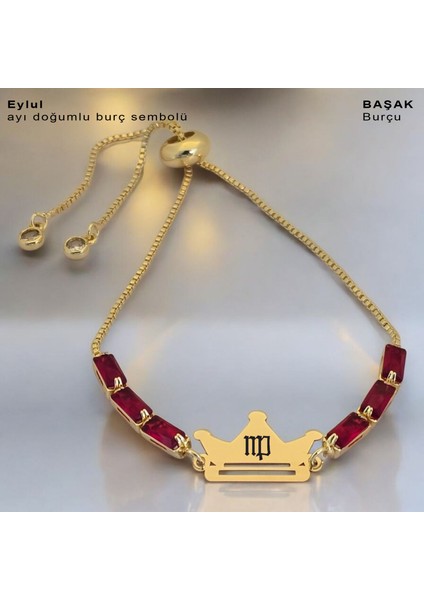 Eylül Ayı Doğumlarına Kırmızı Taş Desenli Taç Motifli 14 Ayar Altın Plakalı Hediye Bileklik-496 Ay fiyatları