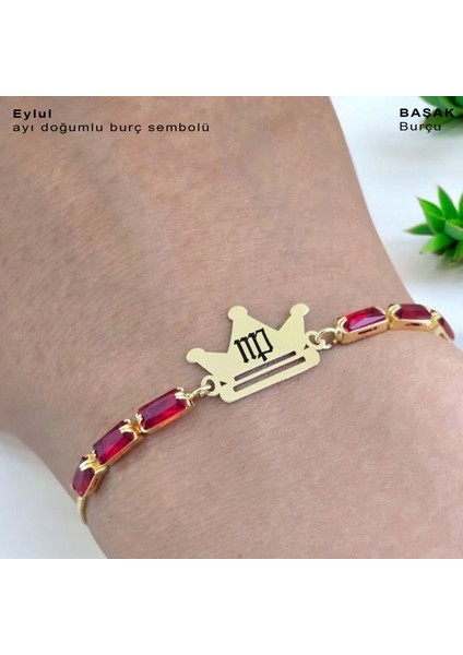 Eylül Ayı Doğumlarına Kırmızı Taş Desenli Taç Motifli 14 Ayar Altın Plakalı Hediye Bileklik-496 Ay indirimleri