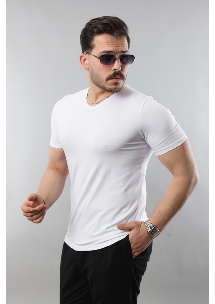 Erkek %100 Pamuk Slim Fit Dar Kesim V Yaka Basic Tişört modelleri