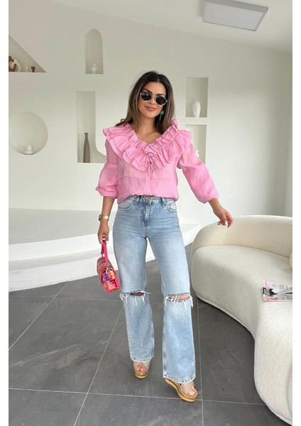 Baggy Jean Kar Yıkama Buz Mavi modelleri