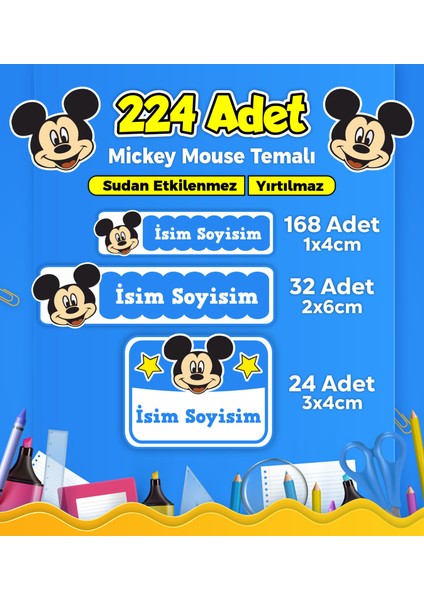 Mickey Mouse Okul Kreş Etiketi Kalem Defter Özel Isim Yazılabilen Etiket Seti Model 11 - 224 Adet