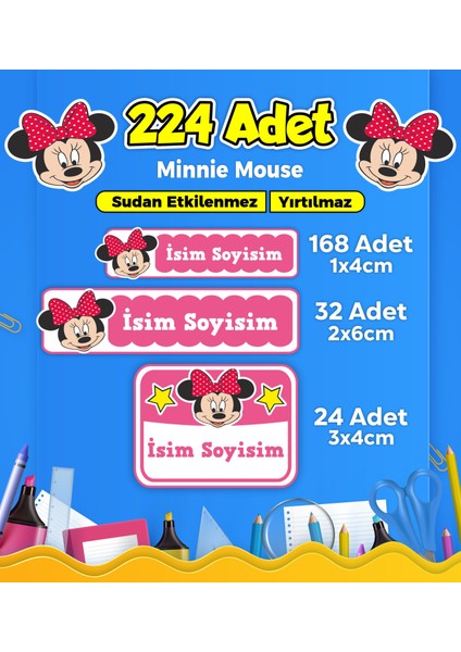Minnie Mouse Okul Kreş Etiketi Kalem Defter Özel Isim Yazılabilen Etiket Seti Model 14 - 224 Adet